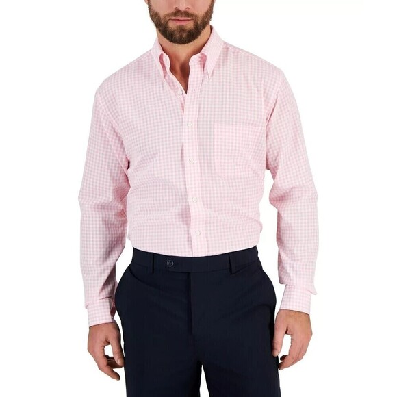 Club Room Mens Gingham Button-Down Shirt Long Sleeve Orchid Pink Size 18.5 34-35 - Picture 1 of 4